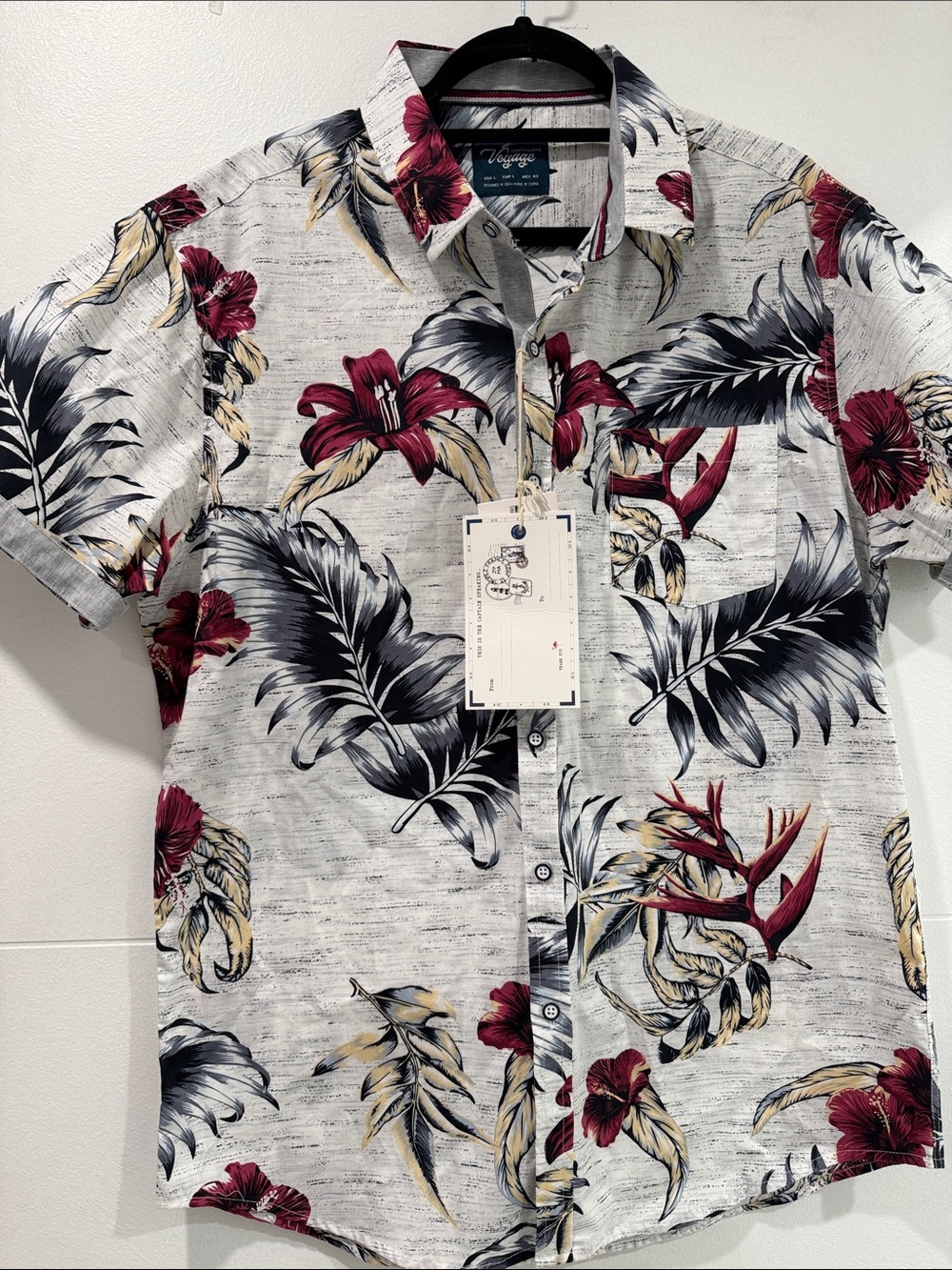 Voyage Button Up Shirt Mens Large Grey New Tropical Floral Hibiscus Short Sleeve
